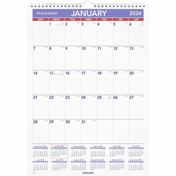 At-A-Glance Ruled Daily Blocks Calendar - Medium Size - Julian Dates - Monthly - 12 Month - January 2024 - December 2024 - 1 Month Single Page Layout - 12" x 17" White Sheet - Wire Bound - White, Blue, Red - Chipboard, Paper - Holder, Bleed Resistant