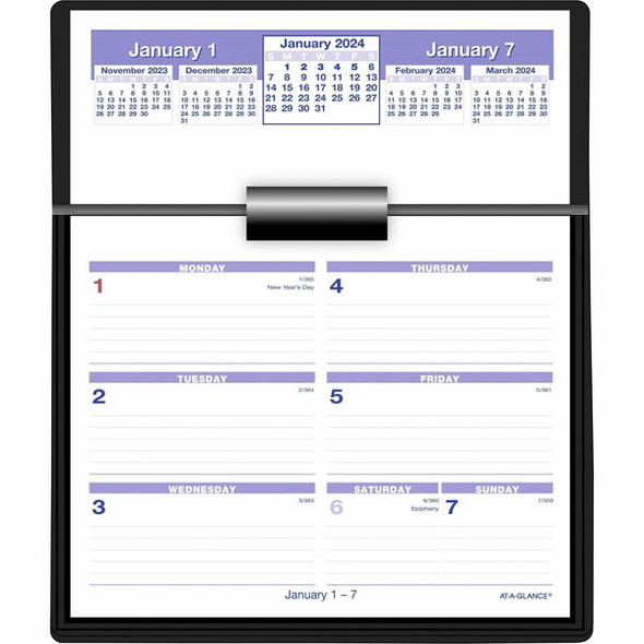 At-A-Glance Flip-A-Week Desk Calendar and Base - Large Size - Julian Dates - Weekly - 12 Month - January 2024 - December 2024 - 1 Week Double Page Layout - 5 1/2" x 7" White Sheet - 1-ring - Desk - Black, Blue, White - Paper - 1 Each