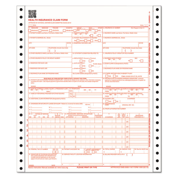 CMS Health Insurance Claim Form, Three-Part Carbonless, 9.5 x 11, 100 Forms Total