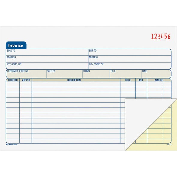 Adams Carbonless Invoice Book - Tape Bound - 2 PartCarbonless Copy - 7.93" x 5.56" Sheet Size - 2 x Holes - White, Canary - Assorted Sheet(s) - 1 Each