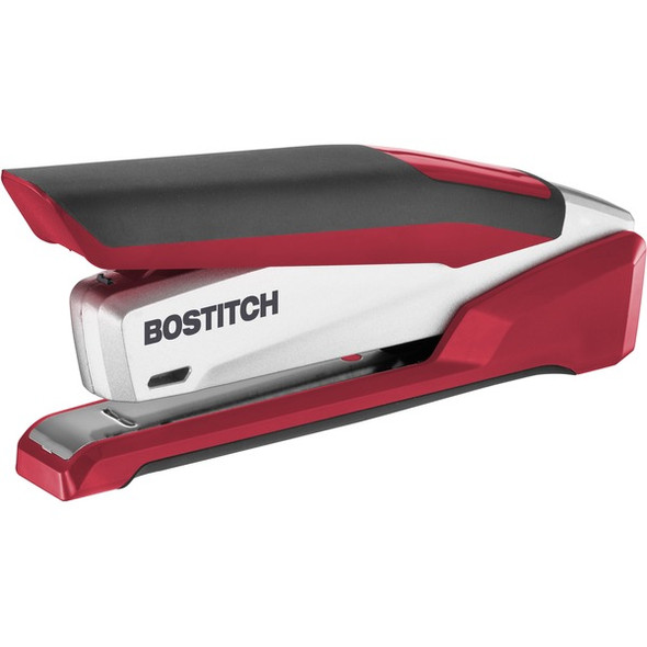 Bostitch InPower Spring-Powered Antimicrobial Desktop Stapler - 28 Sheets Capacity - 210 Staple Capacity - Full Strip - 1/4" Staple Size - 1 Each - Silver, Red
