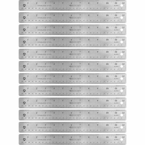 Westcott Stainless Steel Rulers - 12" Length 1" Width - 1/16, 1/32 Graduations - Metric, Imperial Measuring System - Stainless Steel - 12 / Box - Stainless Steel