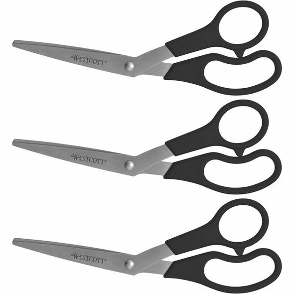 Westcott 8" All Purpose Bent Scissors - 3.50" Cutting Length - 8" Overall Length - Bent - Stainless Steel - Pointed Tip - Black - 3 / Pack