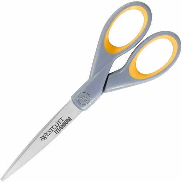 Westcott 7" Titanium Bonded Scissors - 3" Cutting Length - 7" Overall Length - Straight-left/right - Titanium - Straight Tip - Gray/Yellow - 1 Each