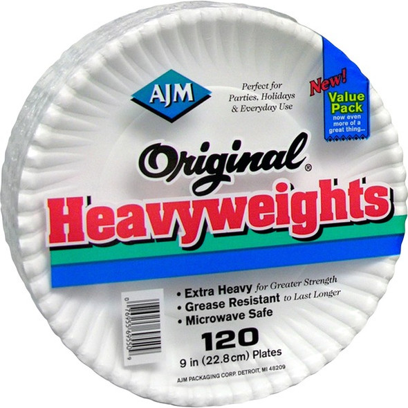 AJM 9" Original Heavyweight Plates - Serving, Reheating - Disposable - Microwave Safe - White - Paper Body - 120 / Pack