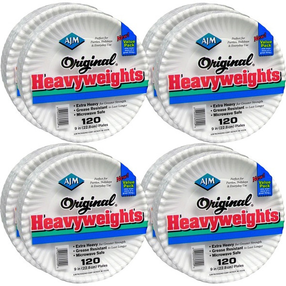 AJM 9" Original Heavyweight Plates - 120 / Pack - Serving, Reheating - Disposable - Microwave Safe - White - Paper Body - 8 / Carton