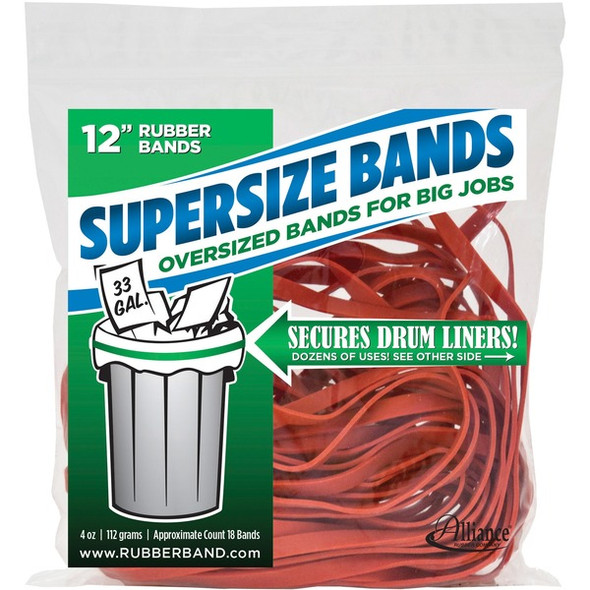 Alliance Rubber SuperSize Bands - Size: Large - 12" Length x 0.3" Width - Reusable, Heavy Duty, Environmentally Friendly, Elastic, Strong, Stretchable - 18 / Pack - Latex - Red