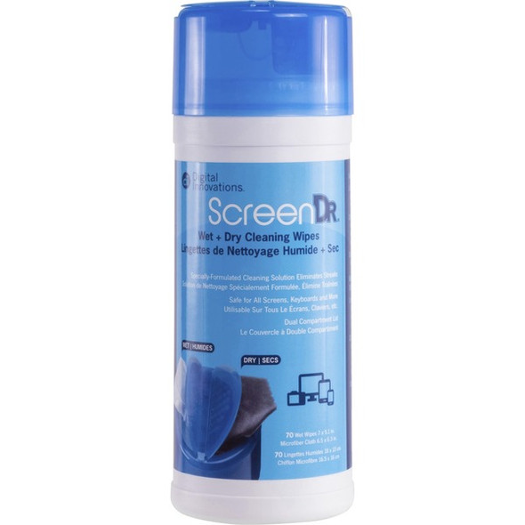 Digital Innovations ScreenDr Wet/Dry Streak-Free Wipes, 70-pack - For Electronic Equipment, Display Screen - Alcohol-free, Ammonia-free, Streak-free, Non-abrasive, Anti-static, Soft - 70 / Pack - 1 Each - White, Blue