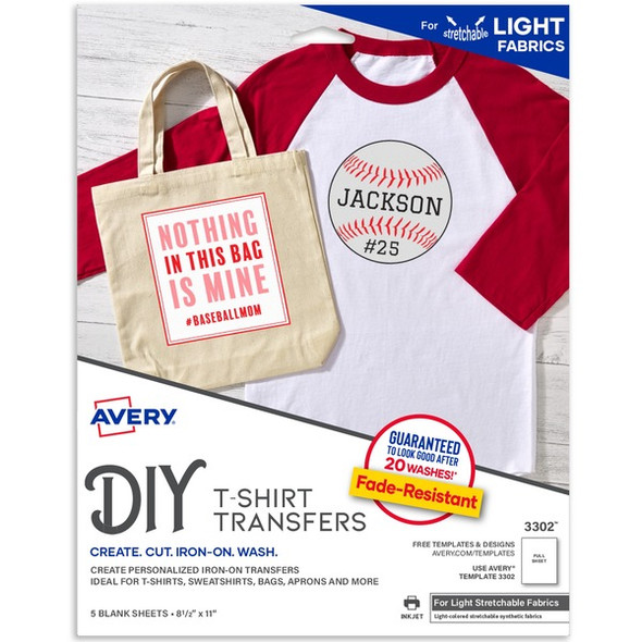 Avery&reg; Stretchable Fabric Transfers, Matte, 8-1/2" x 11" , 5 Labels - Letter - 8 1/2" x 11" - Matte - 30 / Carton - Clear