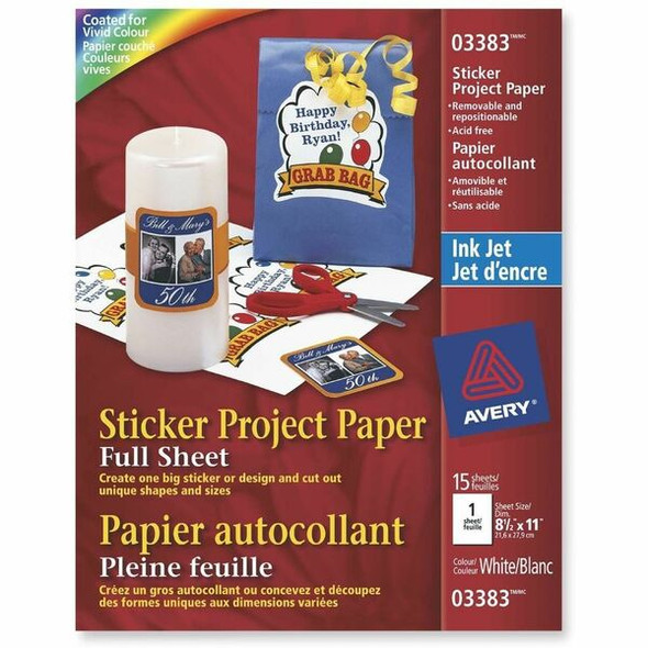 Avery&reg; Sticker Project Paper - Letter - 8 1/2" x 11" - Matte - 6 / Carton - Repositionable, Acid-free, Lignin-free, Printable - Matte White