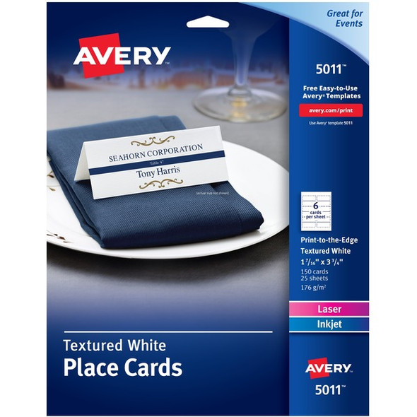 Avery&reg; Place Cards with Sure Feed - 1 7/16" x 3 3/4" - Matte - 5 / Carton - 6 Sheets - Double-sided, Foldable, Heavyweight, Textured, Perforated, Print-to-the-edge, Printable - White