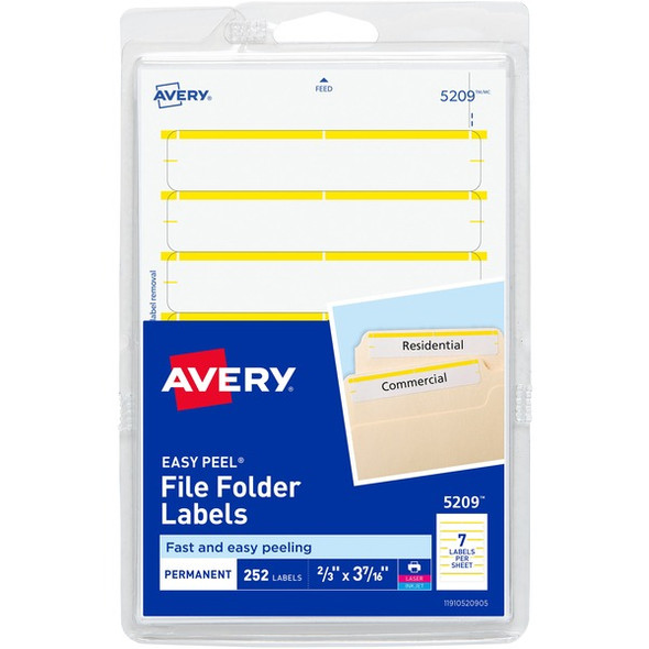 Avery&reg; Permanent File Folder Labels - 11/16" Width x 3 7/16" Length - Permanent Adhesive - Rectangle - Laser, Inkjet - Yellow - 7 / Sheet - 252 / Pack - Self-adhesive