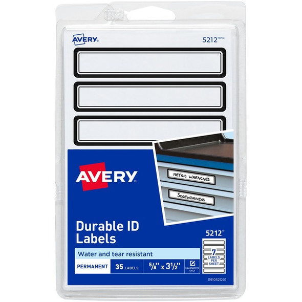 Avery&reg; Durable ID Labels - 5/8" Width x 3 1/2" Length - Permanent Adhesive - Rectangle - Laser, Inkjet - White, Black - Film - 7 / Sheet - 5 Total Sheets - 630 Total Label(s) - 18 / Carton - Water Resistant