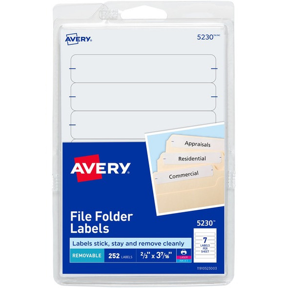 Avery&reg; Removable File Folder Labels - 21/32" Width x 3 7/16" Length - Removable Adhesive - Rectangle - Laser, Inkjet - White - Paper - 7 / Sheet - 648 Total Sheets - 4536 Total Label(s) - 18 / Carton