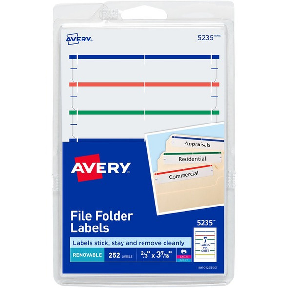 Avery&reg; Removable File Folder Labels - 2/3" Width x 3 7/16" Length - Removable Adhesive - Rectangle - Laser, Inkjet - Assorted, Dark Blue, Dark Red, Green, Yellow - Paper - 7 / Sheet - 648 Total Sheets - 4536 Total Label(s) - 18 / Carton