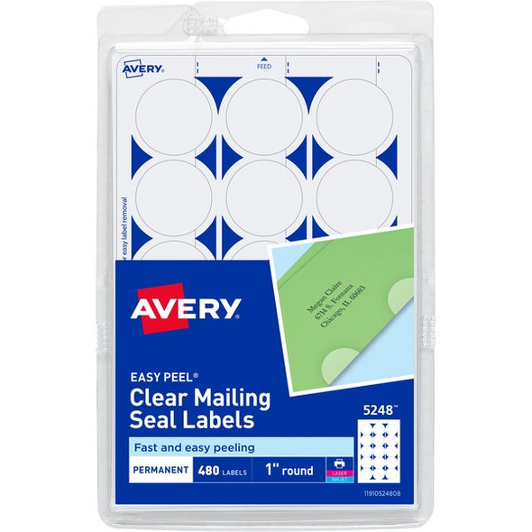 Avery&reg; Avery Printable Mailing Seals, Clear, 1" Diameter, 480 Labels (5248) - Glossy - 480 / Pack - Permanent Adhesive, Laminated, Acid-free, Moisture Resistant, Water Resistant - Clear