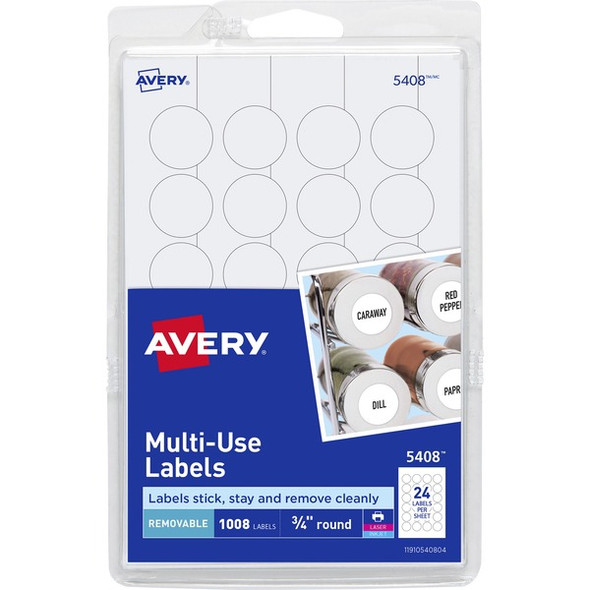 Avery&reg; Removable ID Labels - - Height3/4" Diameter - Removable Adhesive - Circle - Laser, Inkjet - White - 1008 / Pack - Self-adhesive