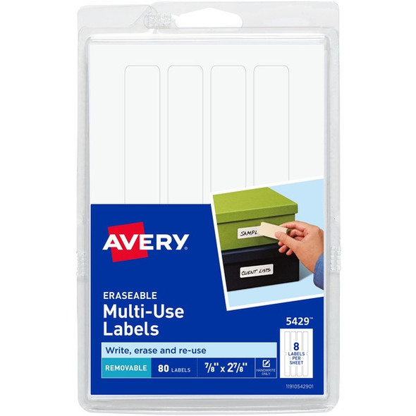 Avery&reg; Erasable Multi-Use Labels - 7/8" Height x 2 7/8" Width - Removable Adhesive - Rectangle - White - Film - 8 / Sheet - 180 Total Sheets - 1440 Total Label(s) - 18 / Carton