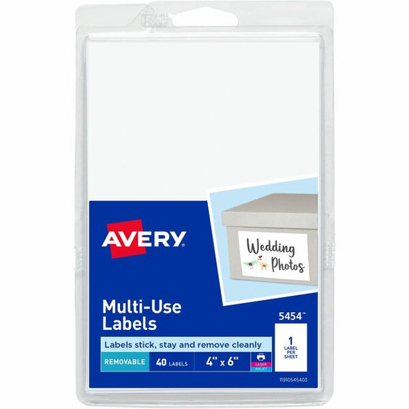 Avery&reg; Removable ID Labels - 6" Width x 4" Length - Removable Adhesive - Rectangle - Laser, Inkjet - White - 40 / Pack - Self-adhesive