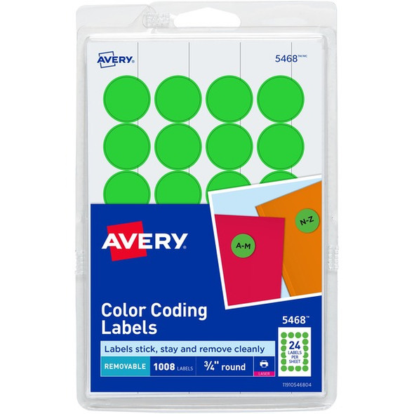 Avery&reg; Removable Color-Coding Labels - - Width3/4" Diameter - Removable Adhesive - Round - Laser - Matte - Neon Green - Paper - 24 / Sheet - 42 Total Sheets - 1008 Total Label(s) - 1008 / Pack
