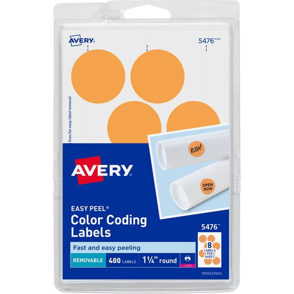 Avery&reg; 1-1/4" Color-Coding Labels - - Height1 1/4" Diameter - Removable Adhesive - Round - Laser - Orange - 12 / Sheet - 400 / Pack