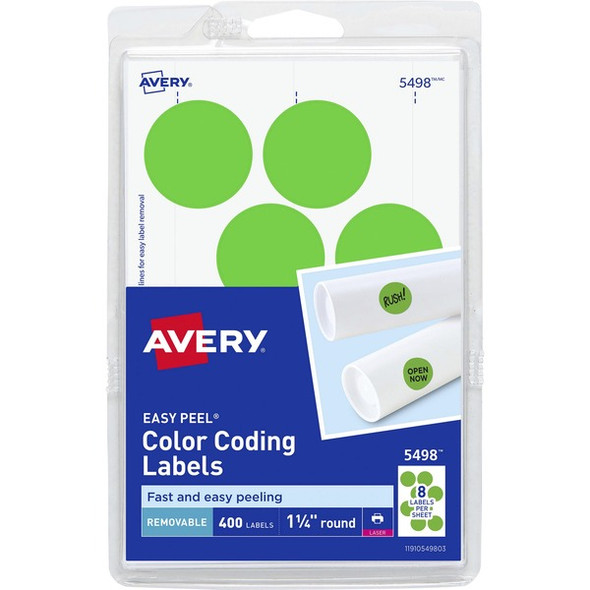 Avery&reg; 1-1/4" Color-Coding Labels - - Height1 1/4" Diameter - Removable Adhesive - Round - Laser - Neon Green - 12 / Sheet - 400 / Pack
