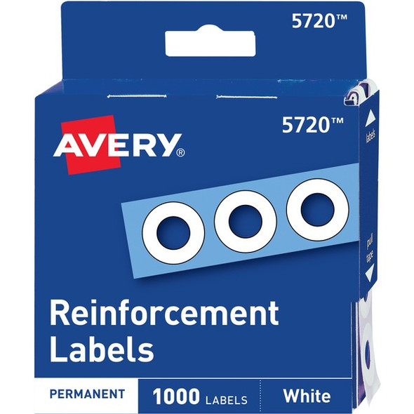 Avery&reg; White Self-Adhesive Reinforcement Labels - 0.3" Diameter - 3 x Holes - Round - White - Polyvinyl - 1000 / Pack
