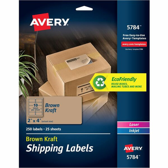 Avery&reg; Shipping Labels, Permanent Adhesive, Kraft Brown, 2" x 4" , 250 Labels (5784) - Avery&reg; Shipping Labels,, Kraft Brown, 2" x 4" , 250 Labels (5784)