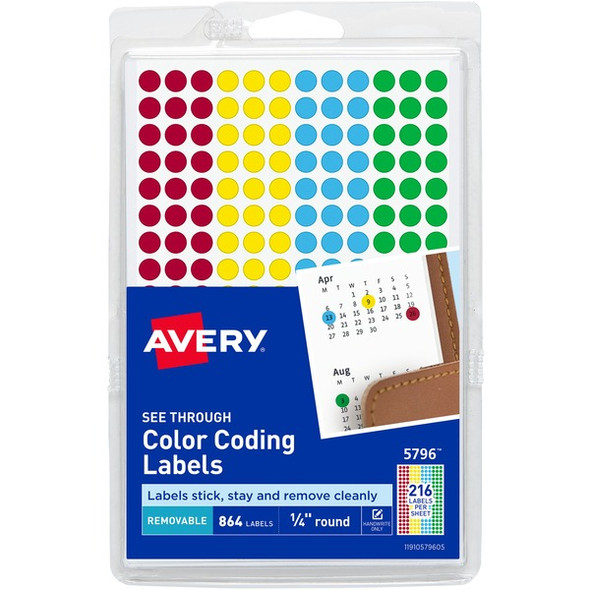 Avery&reg; Assorted Removable See-Through Color Dots - - Width1/4" Diameter - Removable Adhesive - Round - Green, Light Blue, Red, Yellow - Film - 216 / Sheet - 4 Total Sheets - 864 Total Label(s) - 860 / Pack