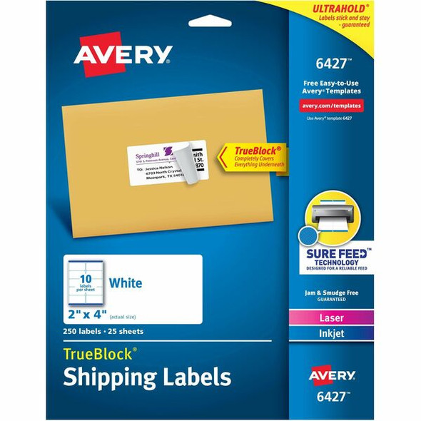 Avery&reg; TrueBlock&reg; Shipping Labels, Sure Feed&reg; Technology, Permanent Adhesive, 2" x 4" , 250 Labels (6427) - Avery&reg; Shipping Labels, Sure Feed&reg;, 2" x 4" , 250 Labels (6427)