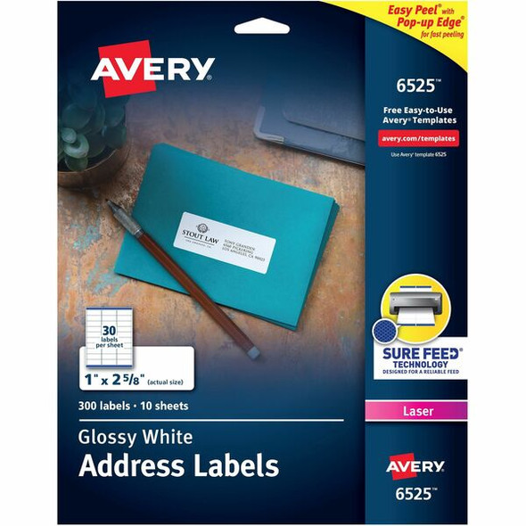 Avery&reg; Easy Peel Glossy Address Labels - 1" Width x 2 5/8" Length - Permanent Adhesive - Rectangle - Laser - White - Paper - 30 / Sheet - 50 Total Sheets - 1500 Total Label(s) - 5 / Carton