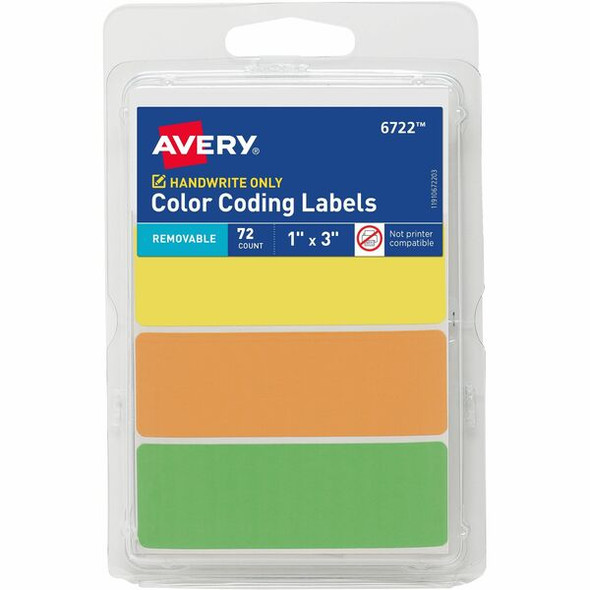 Avery&reg; Color-Coding Removable Labels, 1" x 3" , Assorted Neon Colors, Non-Printable, 72 Blank Labels Total (6722) - Avery&reg; Removable Labels, 1" x 3" , Neon, 72 Total (6722)