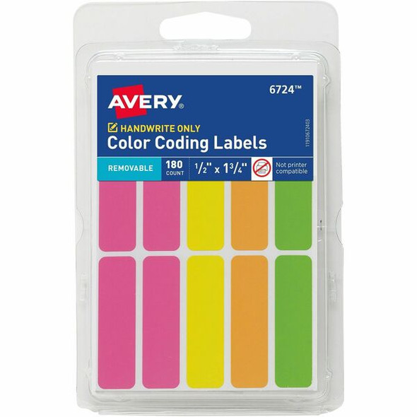 Avery&reg; Color-Coding Removable Labels, 1/2" x 1-3/4" , Assorted Neon Colors, Non-Printable, 180 Blank Labels Total (6724) - Avery&reg; Removable Labels, 1/2" x 1-3/4" , Neon, 180 Total (6724)