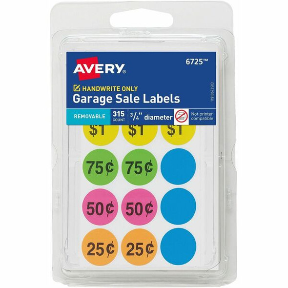 Avery&reg; Garage Sale Removable Labels, 3/4 Inch Round Labels, Assorted Colors, Non-Printable, 315 Pricing Stickers Total (6725) - Avery&reg; Garage Sale Stickers, 3/4" Diameter, 315 Total (6725)