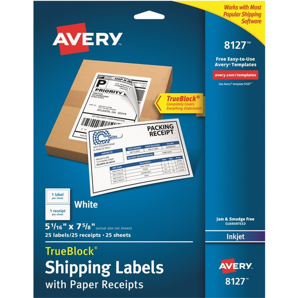 Avery&reg; TrueBlock Paper Receipt Shipping Labels - 5 1/16" Width x 7 5/8" Length - Permanent Adhesive - Rectangle - Inkjet - White - Paper - 1 / Sheet - 125 Total Sheets - 125 Total Label(s) - 5 / Carton