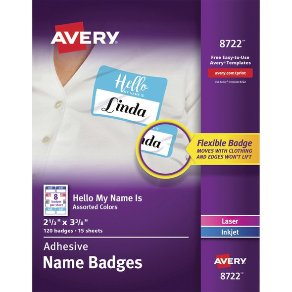 Avery&reg; Self-Adhesive Name Tags - "Hello My Name Is" - 11" Height x 8 1/2" Width - Removable Adhesive - Rectangle - Laser, Inkjet - White - Film - 8 / Sheet - 15 Total Sheets - 120 Total Label(s) - 5