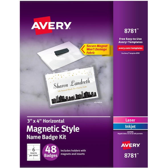 Avery&reg; Name Badge - 5 / Carton - Rectangular Shape - Non-adhesive, Non-toxic, Durable, Magnetic, Heavy Duty, Printable, Micro Perforated, Recyclable - PVC Plastic - White