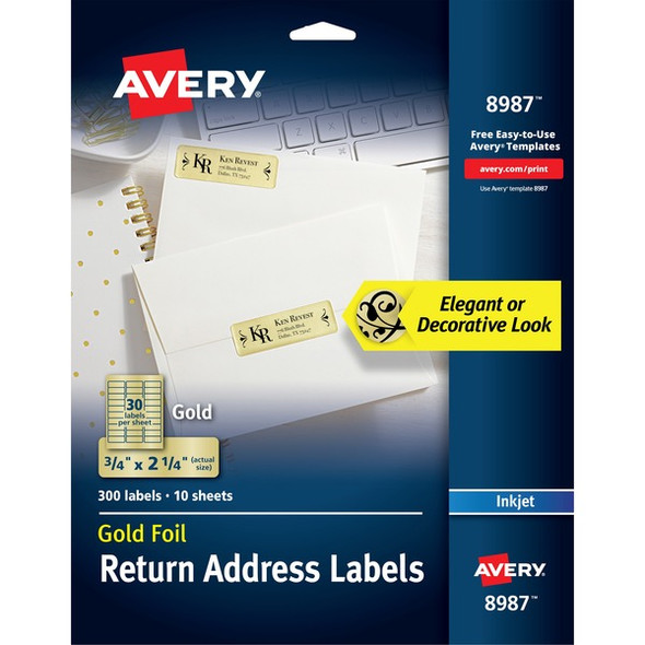Avery&reg; Foil Mailing Labels - 3/4" Height x 2 1/4" Width - Permanent Adhesive - Rectangle - Inkjet - Gold - Paper, Foil - 30 / Sheet - 10 Total Sheets - 1500 Total Label(s) - 5 / Carton