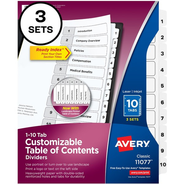 Avery&reg; Ready Index Classic Tab Binder Dividers - 360 x Divider(s) - 360 Tab(s) - 1-10 - 10 Tab(s)/Set - 8.5" Divider Width x 11" Divider Length - 3 Hole Punched - White Paper Divider - White Paper Tab(s) - Recycled - 12 / Carton
