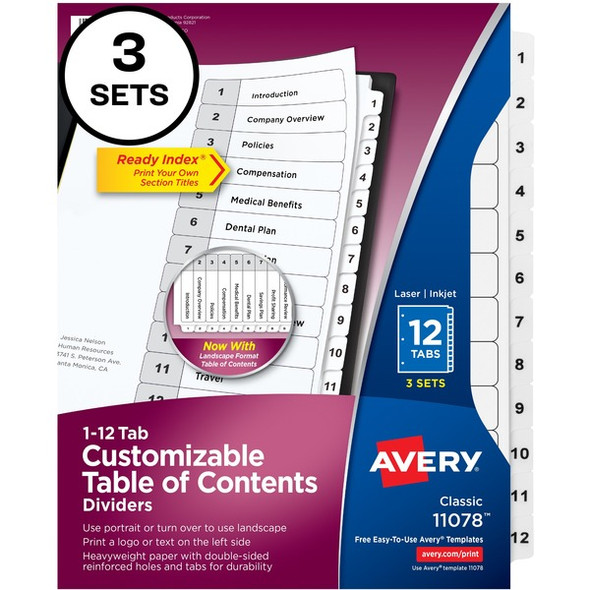 Avery&reg; Ready Index Classic Tab Binder Dividers - 288 x Divider(s) - 288 Tab(s) - 1-12 - 12 Tab(s)/Set - 8.5" Divider Width x 11" Divider Length - 3 Hole Punched - White Paper Divider - White Paper Tab(s) - 8 / Carton