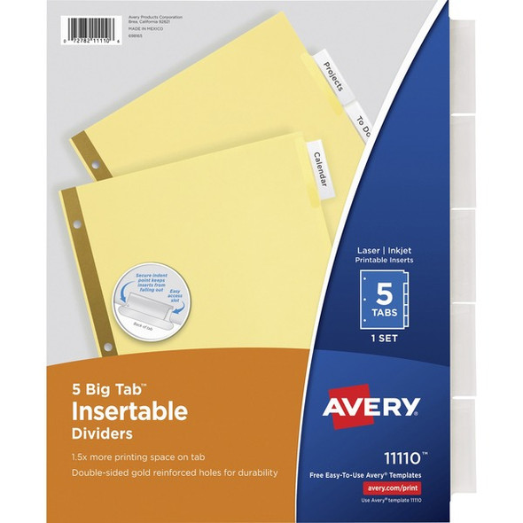 Avery&reg; Big Tab Insertable Dividers - Reinforced Gold Edge - 5 Blank Tab(s) - 5 Tab(s)/Set - 8.5" Divider Width x 11" Divider Length - Letter - 3 Hole Punched - Buff Paper Divider - Clear Tab(s) - Recycled - Double Gold Reinforced Edges - 5 / Set