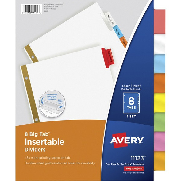 Avery&reg; Big Tab Insertable Dividers - Reinforced Gold Edge - 8 Blank Tab(s) - 8 Tab(s)/Set - 8.5" Divider Width x 11" Divider Length - Letter - 3 Hole Punched - Paper Divider - Multicolor Tab(s) - Recycled - Double Gold Reinforced Edges - 8 / Set