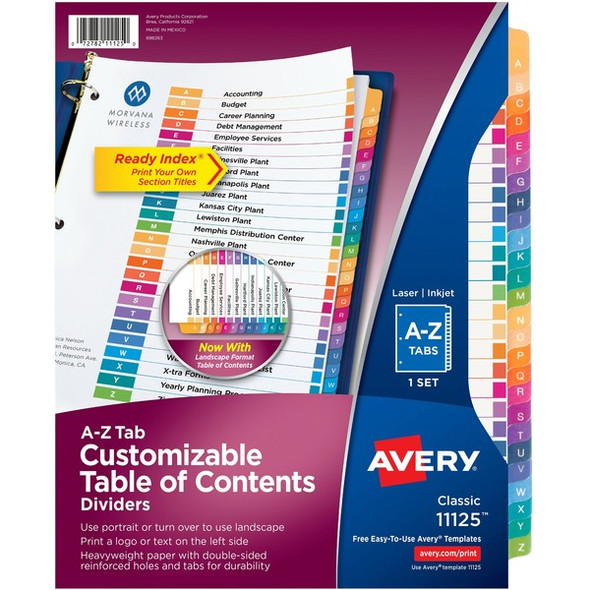 Avery&reg; Ready Index A-Z Table of Contents Dividers - 26 x Divider(s) - A-Z - 26 Tab(s)/Set - 8.5" Divider Width x 11" Divider Length - 3 Hole Punched - White Paper Divider - Multicolor Paper Tab(s) - Recycled - 26 / Set