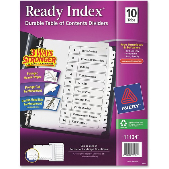 Avery&reg; Ready Index Classic Tab Binder Dividers - 10 x Divider(s) - 1-10 - 10 Tab(s)/Set - 8.5" Divider Width x 11" Divider Length - 3 Hole Punched - White Paper Divider - White Paper Tab(s) - Recycled - 10 / Set