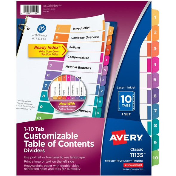 Avery&reg; Ready Index Custom TOC Binder Dividers - 10 x Divider(s) - 1-10 - 10 Tab(s)/Set - 8.5" Divider Width x 11" Divider Length - 3 Hole Punched - White Paper Divider - Multicolor Paper Tab(s) - Recycled - 10 / Set