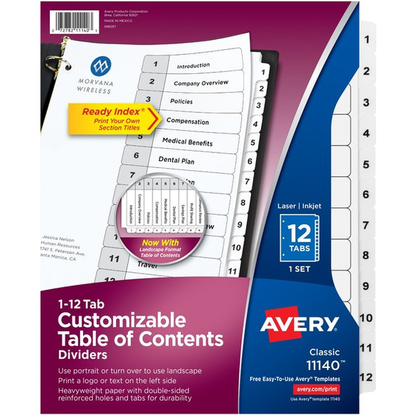 Avery&reg; Ready Index Classic Tab Binder Dividers - 12 x Divider(s) - 1-12 - 12 Tab(s)/Set - 8.5" Divider Width x 11" Divider Length - 3 Hole Punched - White Paper Divider - White Paper Tab(s) - 12 / Set