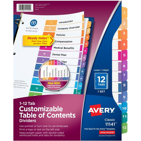 Avery&reg; Ready Index Custom TOC Binder Dividers - 12 x Divider(s) - 1-12 - 12 Tab(s)/Set - 8.5" Divider Width x 11" Divider Length - 3 Hole Punched - White Paper Divider - Multicolor Paper Tab(s) - Recycled - 12 / Set