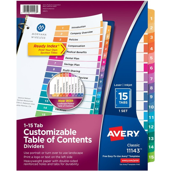 Avery&reg; Ready Index Custom TOC Binder Dividers - 15 x Divider(s) - 1-15 - 15 Tab(s)/Set - 8.5" Divider Width x 11" Divider Length - 3 Hole Punched - White Paper Divider - Multicolor Paper Tab(s) - Recycled - 15 / Set