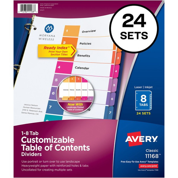 Avery&reg; Ready Index Customizable TOC Dividers - 192 x Divider(s) - 1-8 - 8 Tab(s)/Set - 8.5" Divider Width x 11" Divider Length - 3 Hole Punched - White Paper Divider - Multicolor Paper Tab(s) - Recycled - 24 / Box