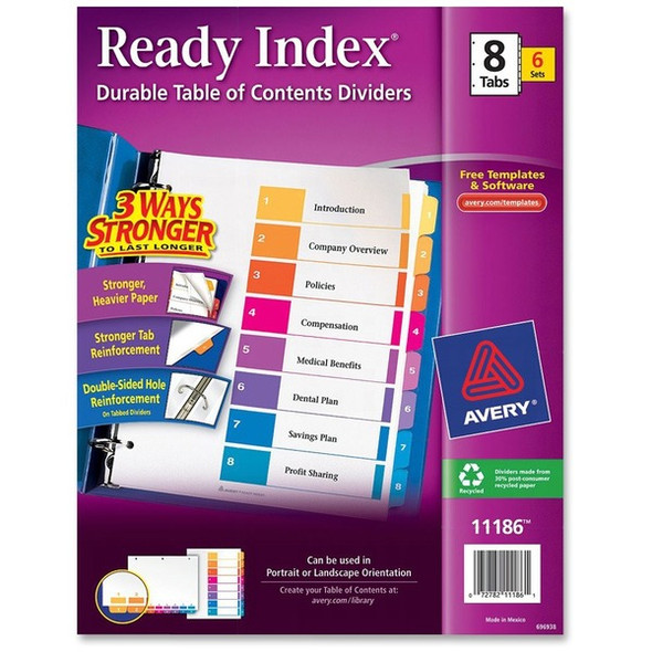 Avery&reg; Ready Index Custom TOC Binder Dividers - 48 x Divider(s) - 1-8 - 8 Tab(s)/Set - 8.5" Divider Width x 11" Divider Length - 3 Hole Punched - White Paper Divider - Multicolor Paper Tab(s) - Recycled - 6 / Pack